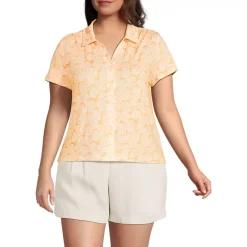 Women's Linen Blend Short Sleeve Button Front Polo Top