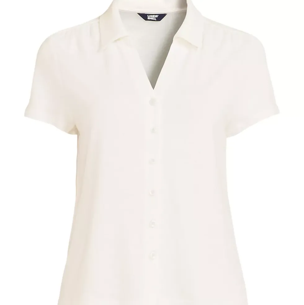 Women's Linen Blend Short Sleeve Button Front Polo Top