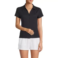 Women's Linen Blend Short Sleeve Button Front Polo Top