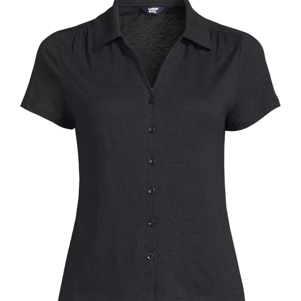 Women's Linen Blend Short Sleeve Button Front Polo Top