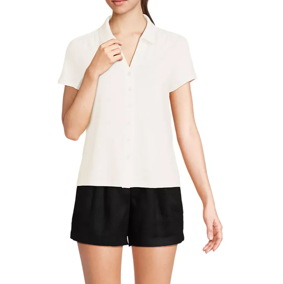 Women's Linen Blend Short Sleeve Button Front Polo Top