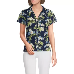 Women's Linen Blend Short Sleeve Button Front Polo Top