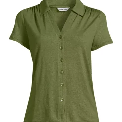 Women's Linen Blend Short Sleeve Button Front Polo Top