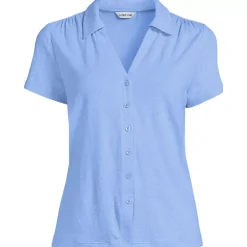 Women's Linen Blend Short Sleeve Button Front Polo Top