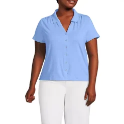 Women's Linen Blend Short Sleeve Button Front Polo Top