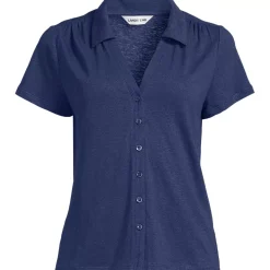 Women's Linen Blend Short Sleeve Button Front Polo Top