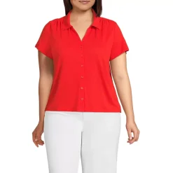Women's Linen Blend Short Sleeve Button Front Polo Top