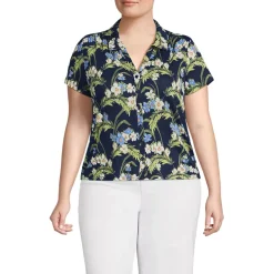 Women's Linen Blend Short Sleeve Button Front Polo Top