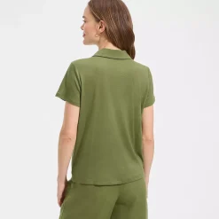 Women's Linen Blend Short Sleeve Button Front Polo Top