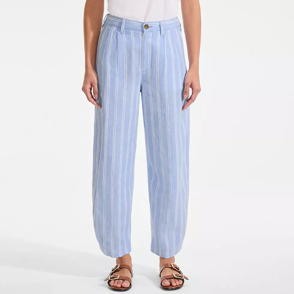 Women's Linen High Rise Pleated Barrel Leg Ankle Pants