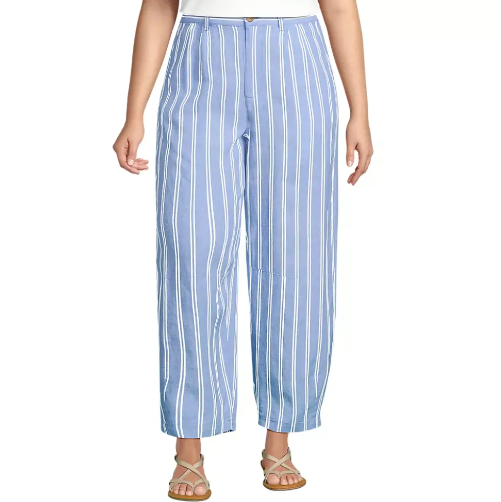 Women's Linen High Rise Pleated Barrel Leg Ankle Pants