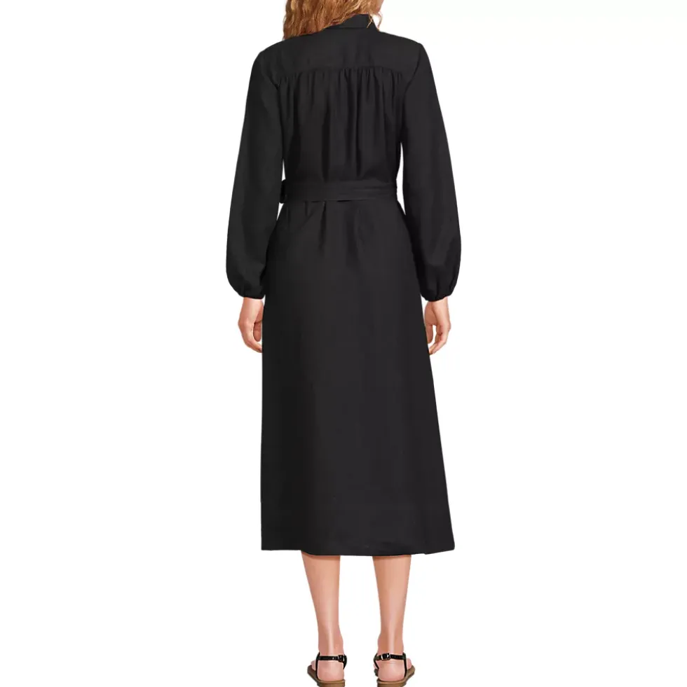 Women's Linen Long Sleeve Midi Shirt Dress