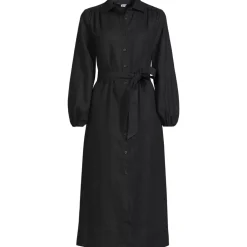Women's Linen Long Sleeve Midi Shirt Dress