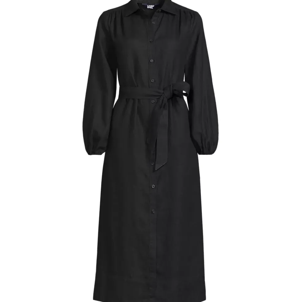 Women's Linen Long Sleeve Midi Shirt Dress
