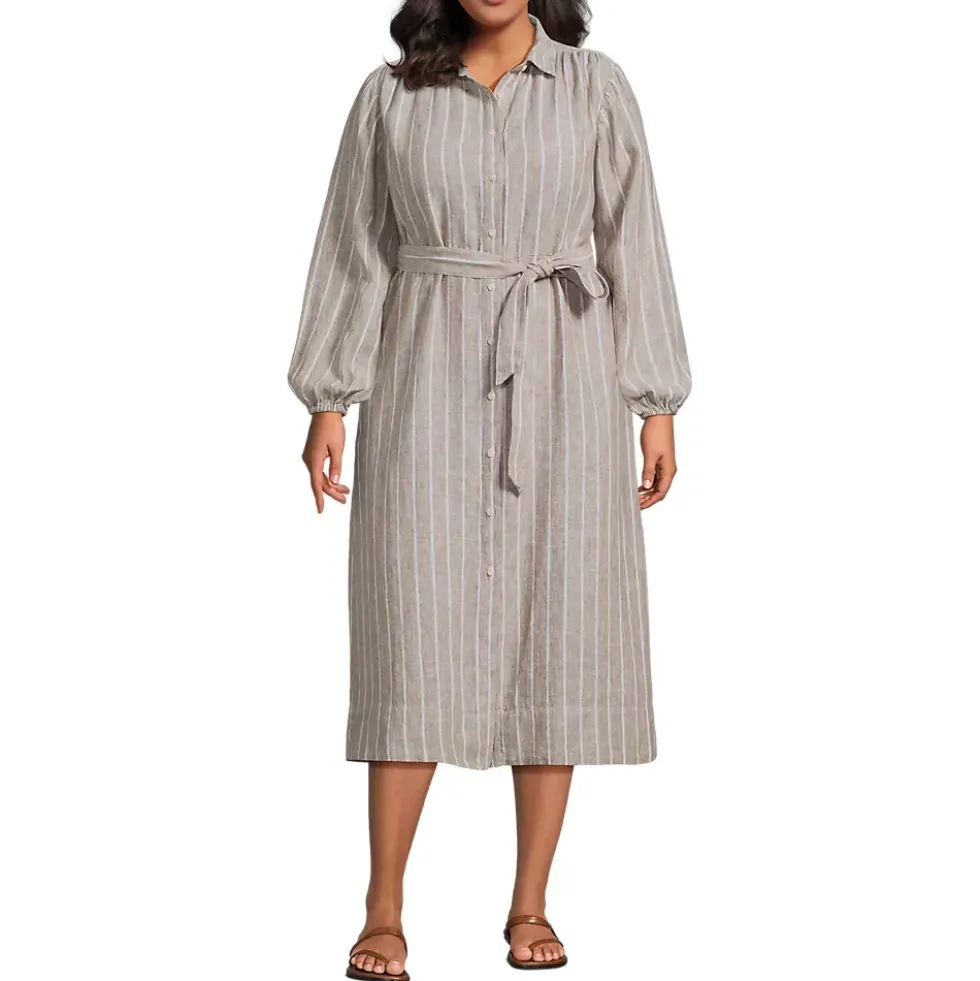 Women's Linen Long Sleeve Midi Shirt Dress