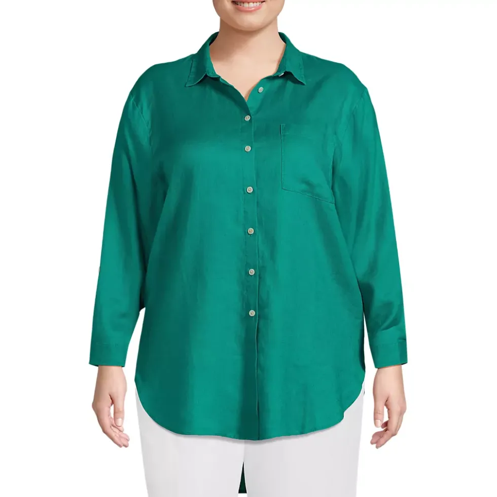 Women's Linen Roll Sleeve Oversized Relaxed Tunic Top