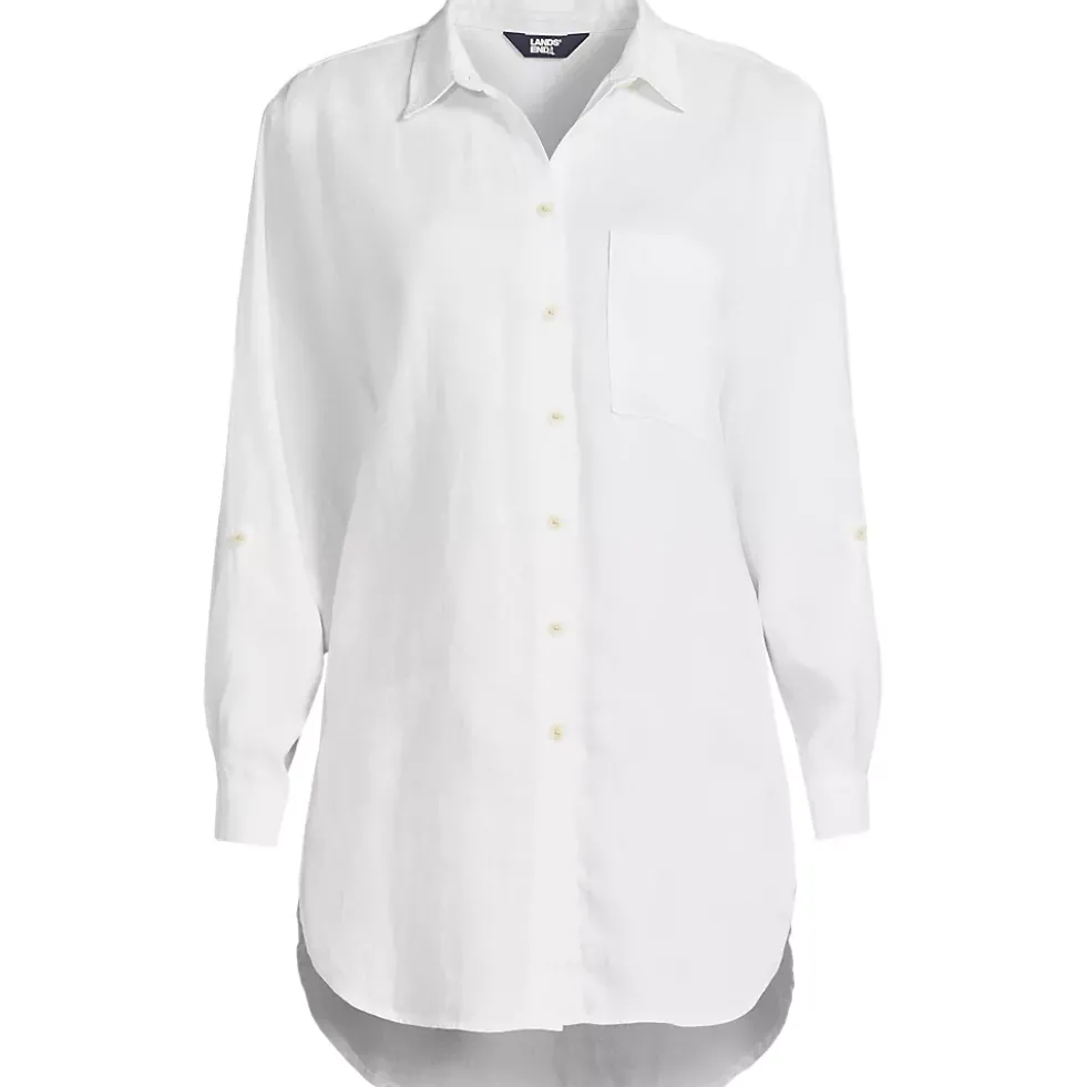 Women's Linen Roll Sleeve Oversized Relaxed Tunic Top
