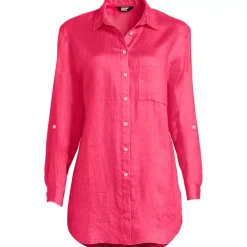 Women's Linen Roll Sleeve Oversized Relaxed Tunic Top