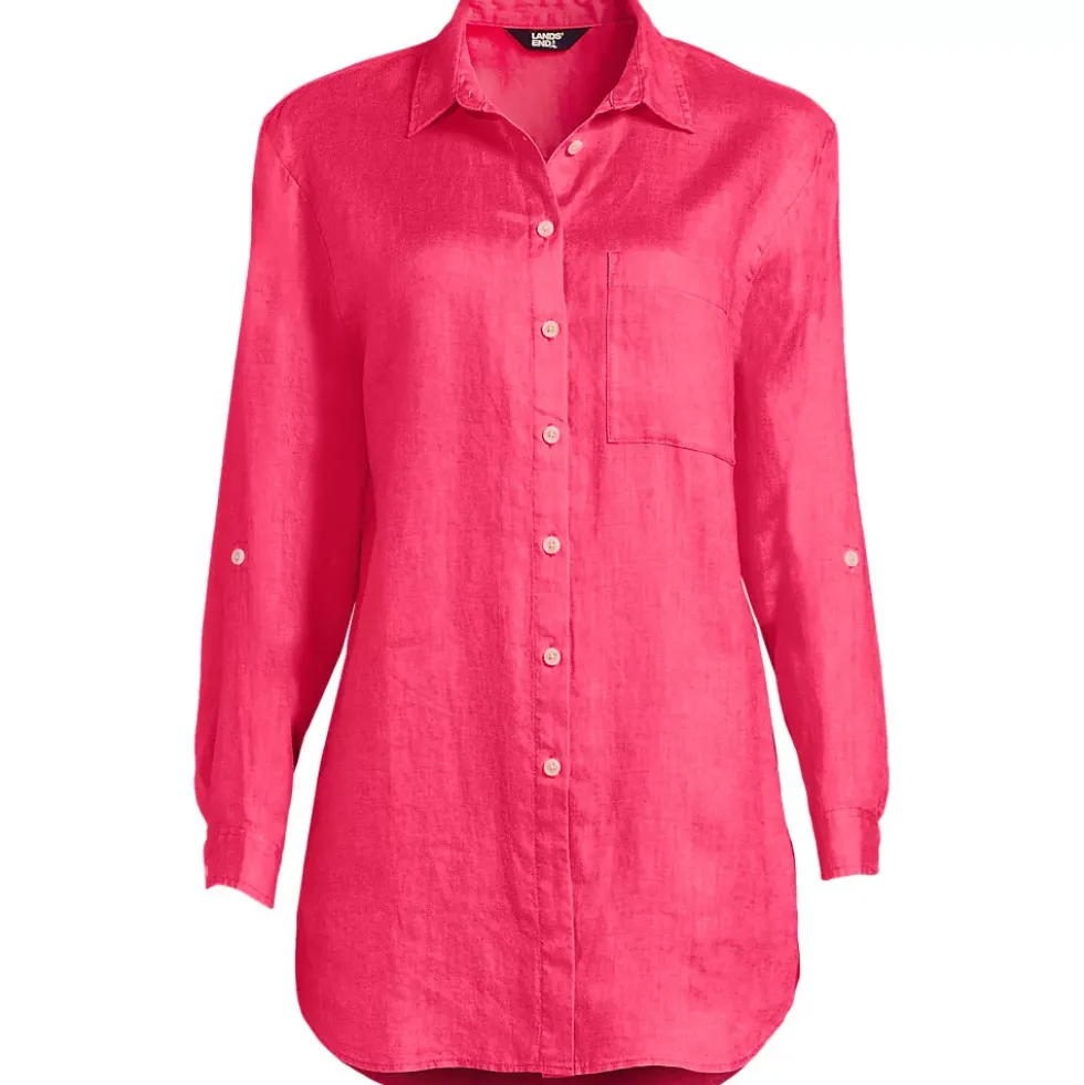 Women's Linen Roll Sleeve Oversized Relaxed Tunic Top