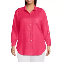 Women's Linen Roll Sleeve Oversized Relaxed Tunic Top