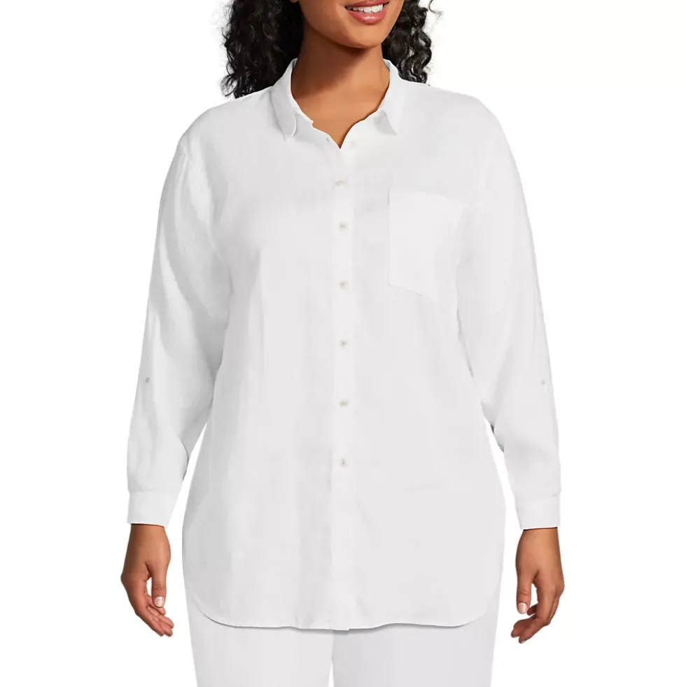 Women's Linen Roll Sleeve Oversized Relaxed Tunic Top