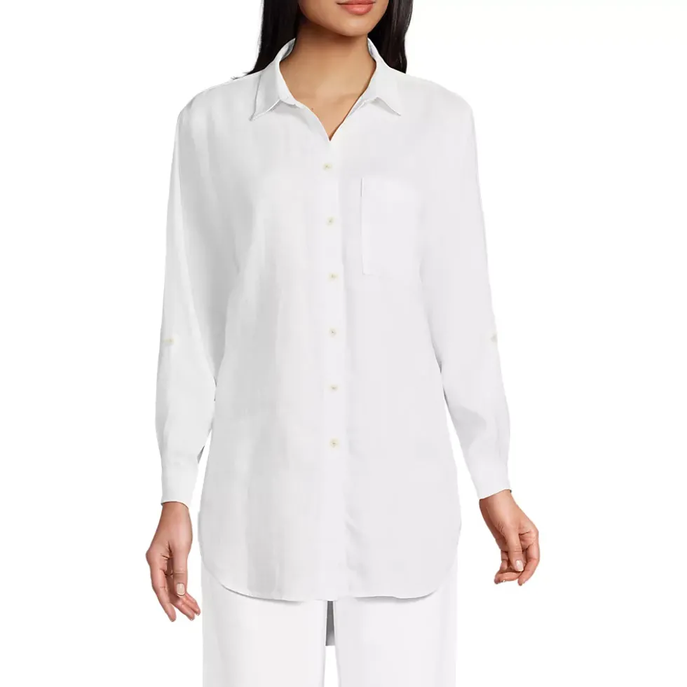 Women's Linen Roll Sleeve Oversized Relaxed Tunic Top