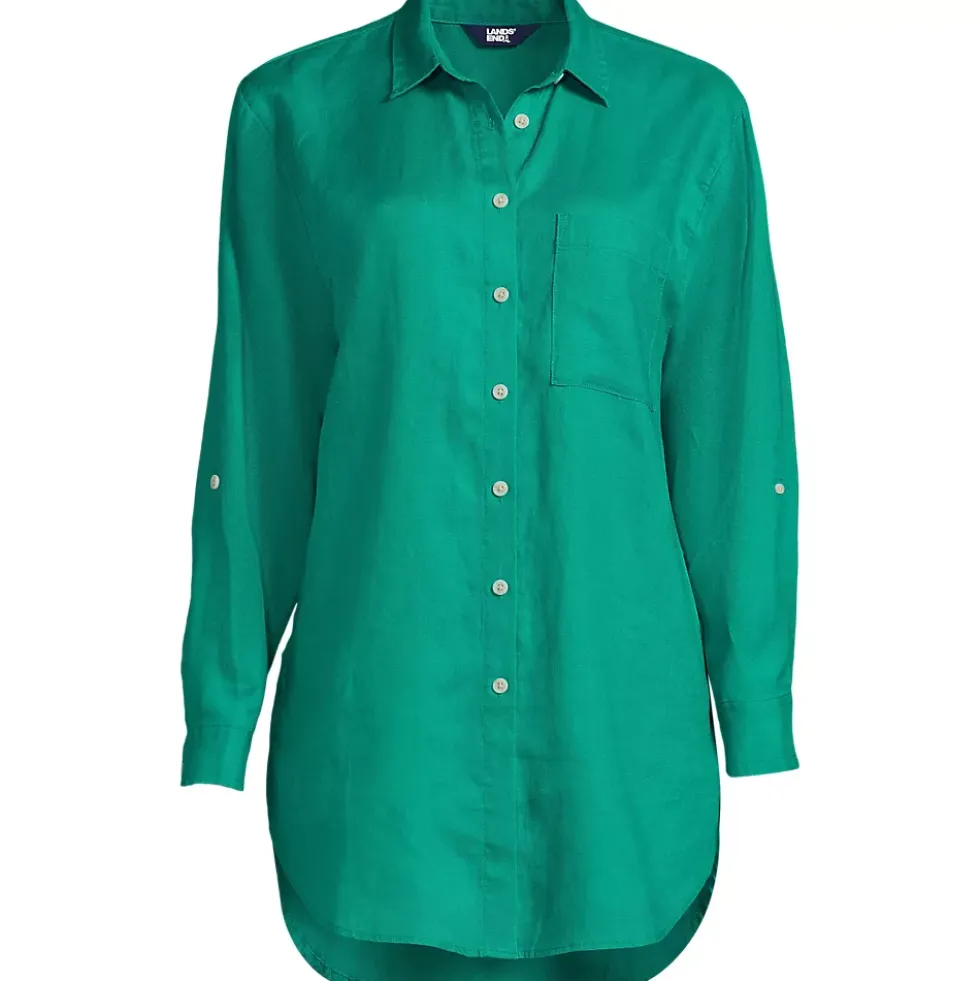 Women's Linen Roll Sleeve Oversized Relaxed Tunic Top