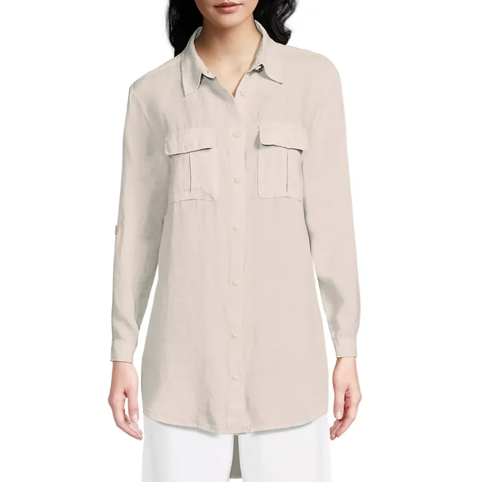 Women's Linen Roll Sleeve Relaxed Tunic Top