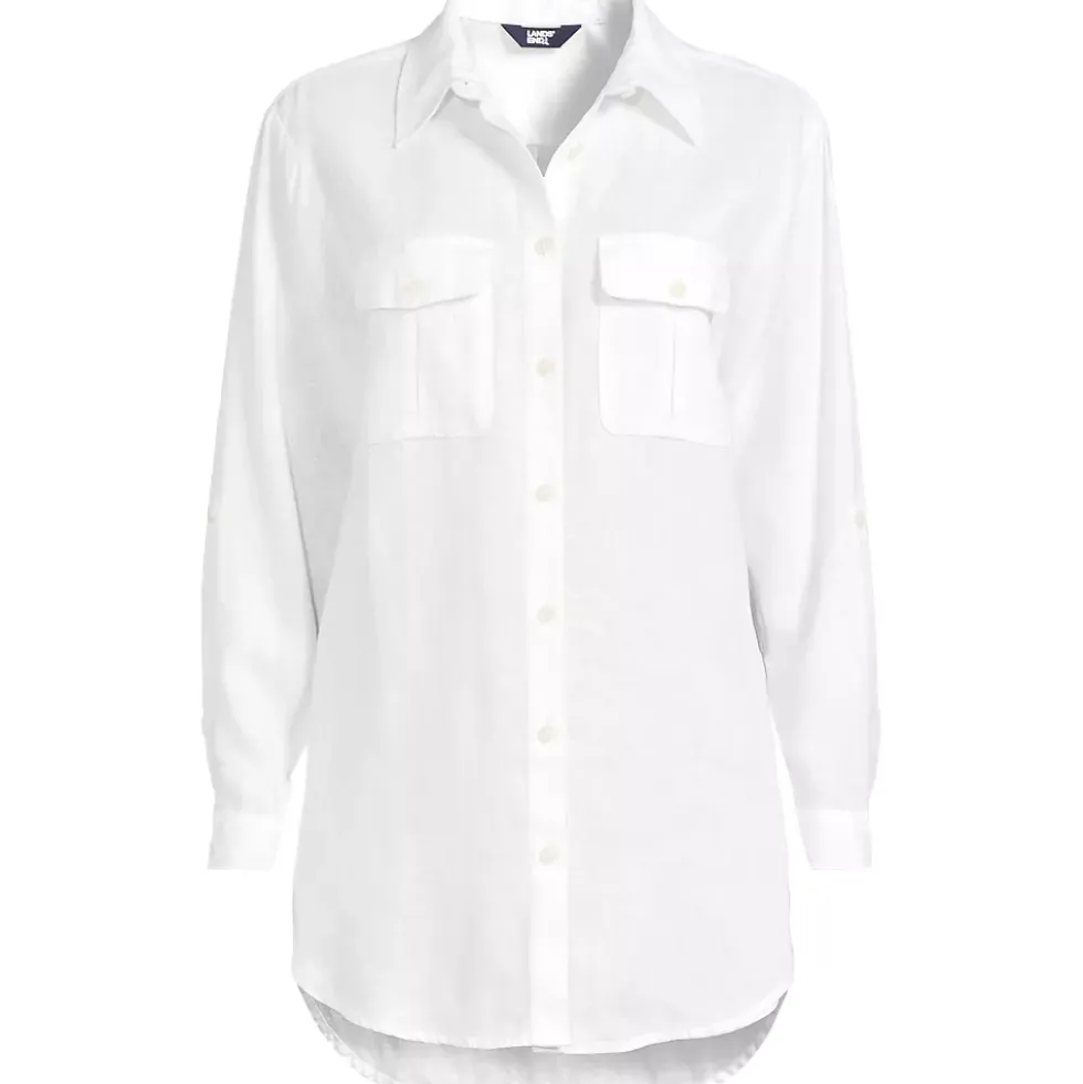 Women's Linen Roll Sleeve Relaxed Tunic Top
