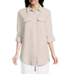 Women's Linen Roll Sleeve Relaxed Tunic Top
