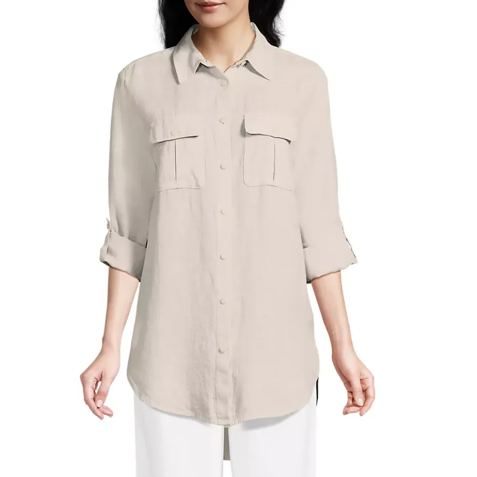 Women's Linen Roll Sleeve Relaxed Tunic Top