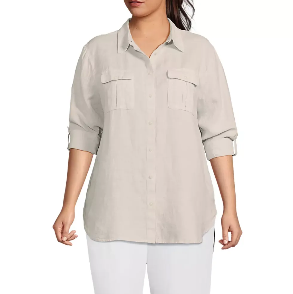 Women's Linen Roll Sleeve Relaxed Tunic Top