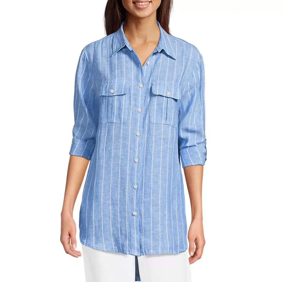 Women's Linen Roll Sleeve Relaxed Tunic Top