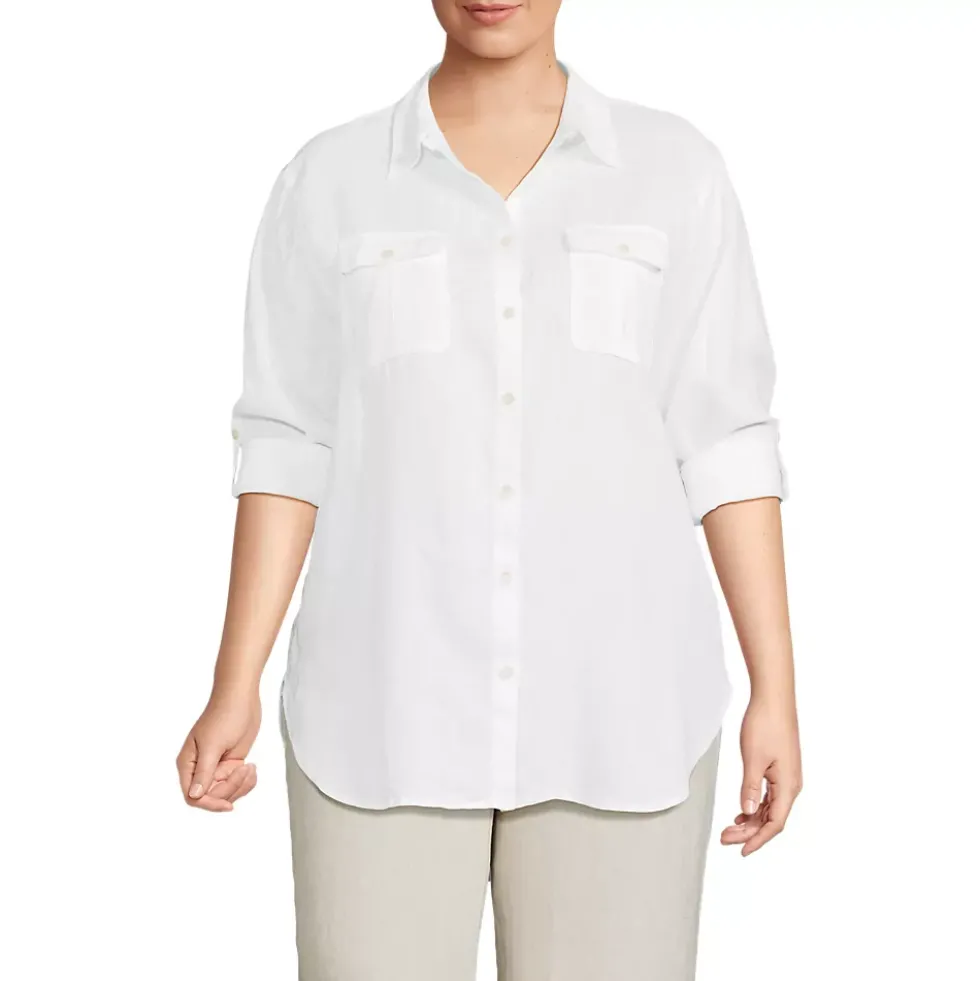 Women's Linen Roll Sleeve Relaxed Tunic Top