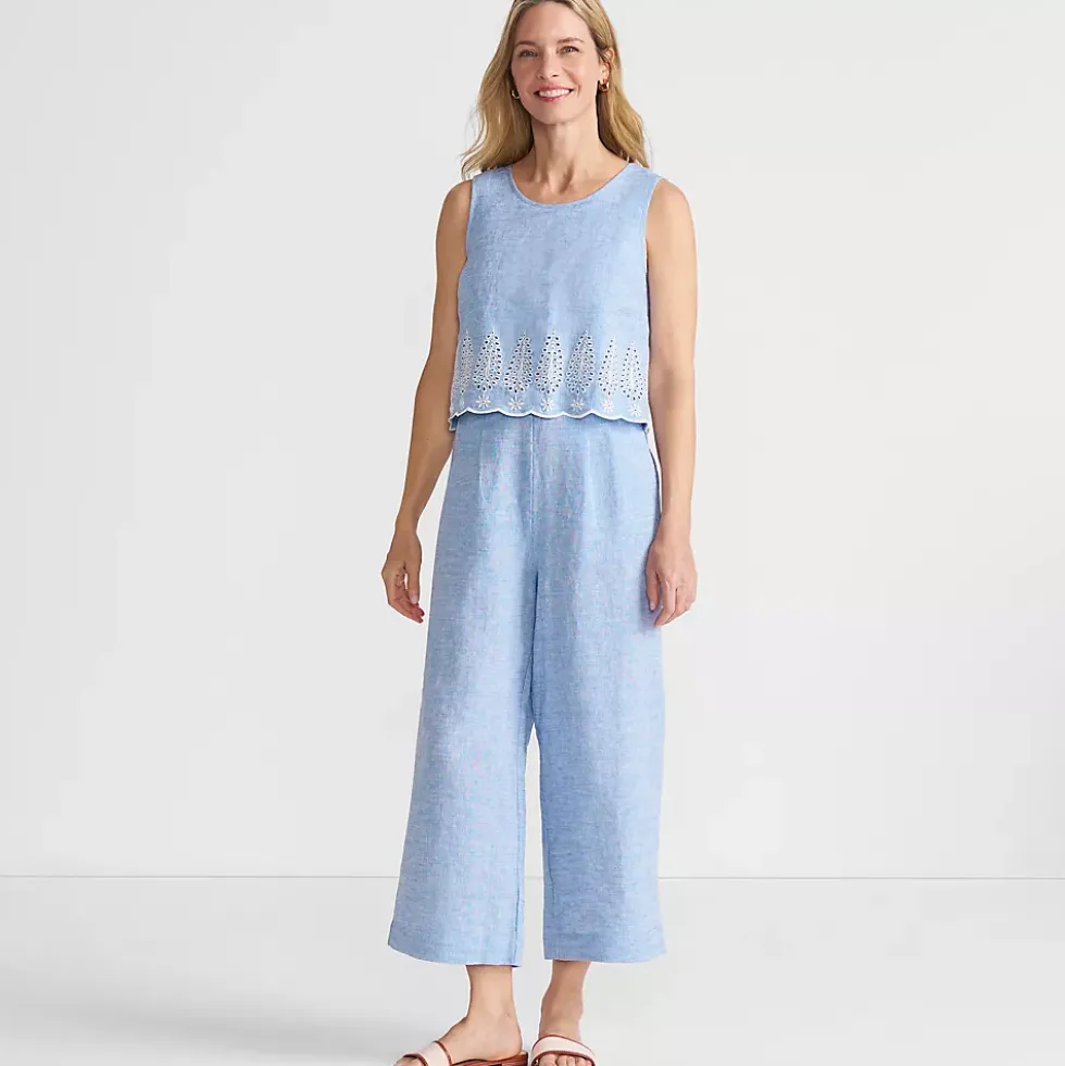 Women's Linen Sleeveless Embroidered Jumpsuit