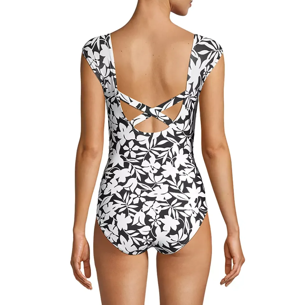 Women's Long Chlorine Resistant Tummy Control Cap Sleeve X-Back One Piece Swimsuit