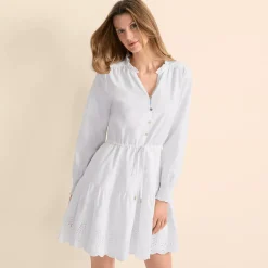 Women's Long Sleeve Eyelet Mini Popover Dress