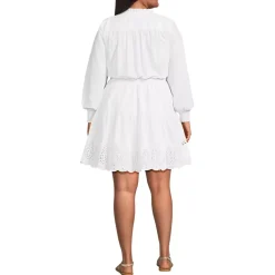Women's Long Sleeve Eyelet Mini Popover Dress