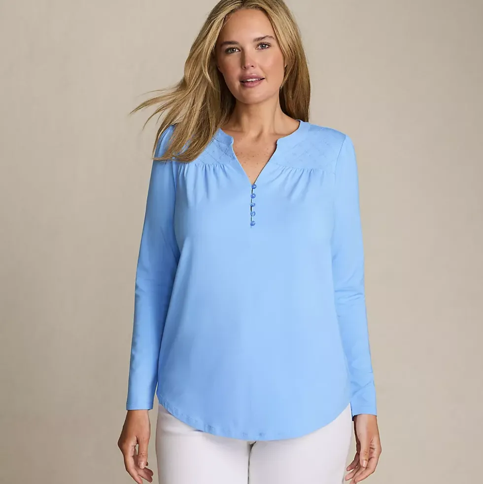 Women's Long Sleeve Lightweight Jersey Notch Neck Tunic Top
