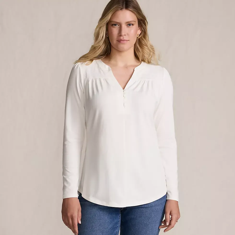 Women's Long Sleeve Lightweight Jersey Notch Neck Tunic Top