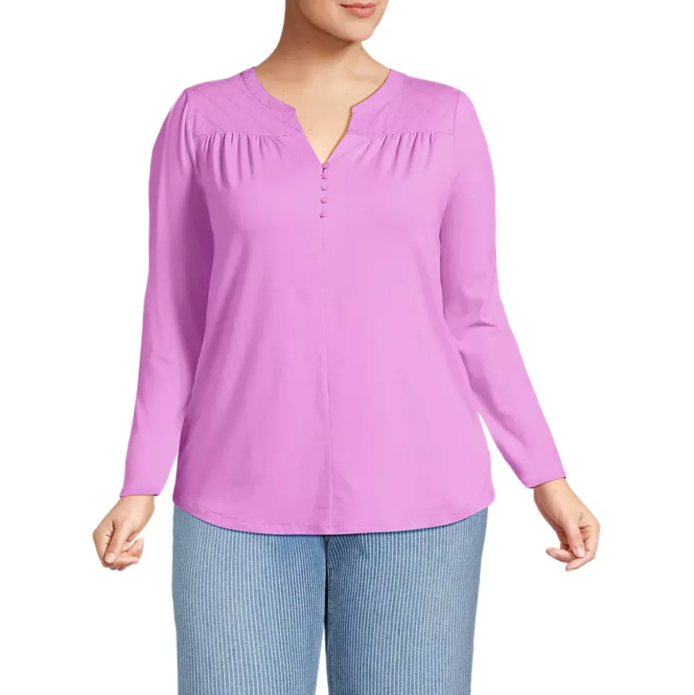 Women's Long Sleeve Lightweight Jersey Notch Neck Tunic Top