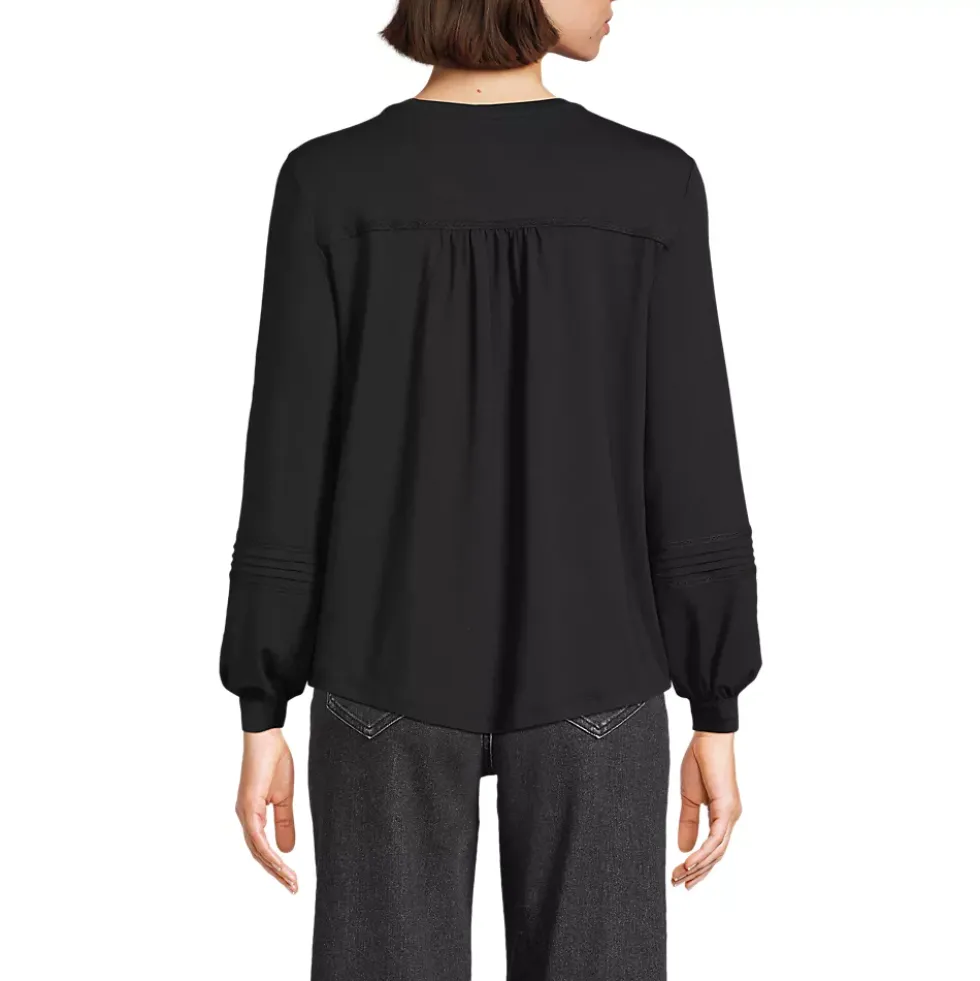 Women's Long Sleeve Lightweight Jersey Pintuck Embroidery Top