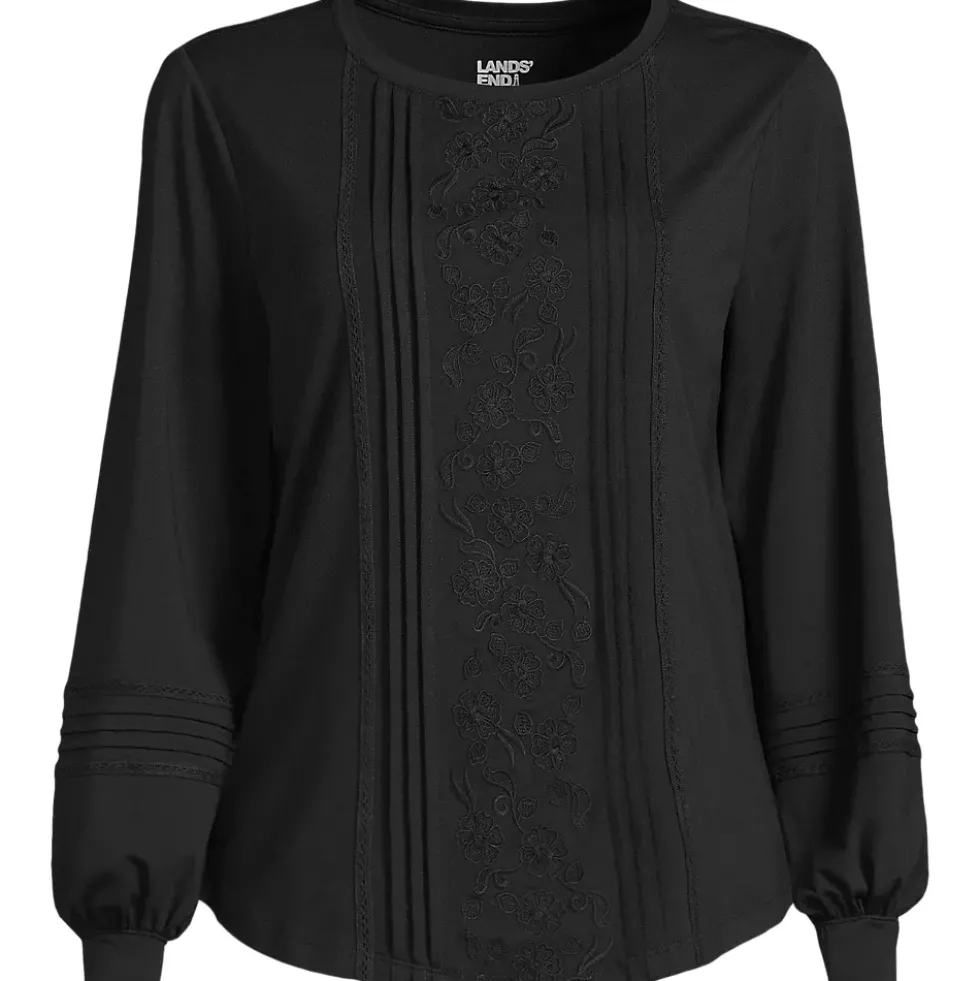Women's Long Sleeve Lightweight Jersey Pintuck Embroidery Top