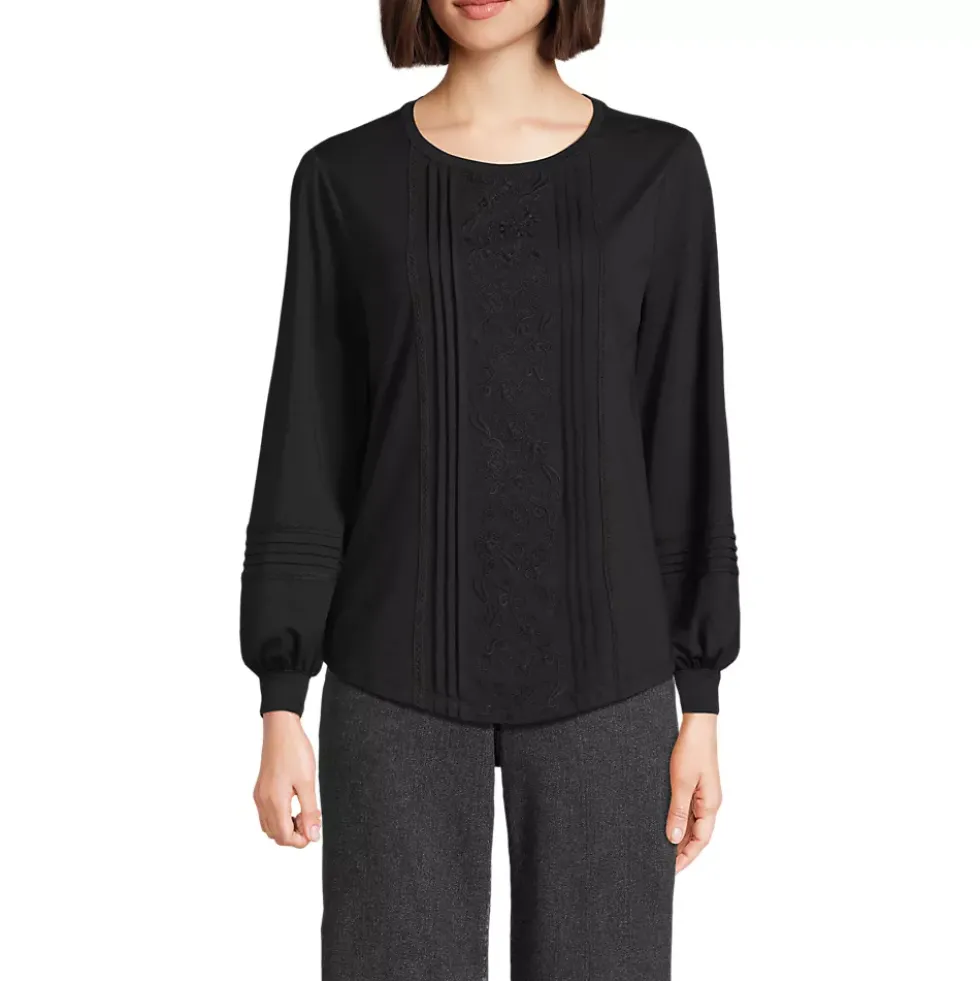Women's Long Sleeve Lightweight Jersey Pintuck Embroidery Top