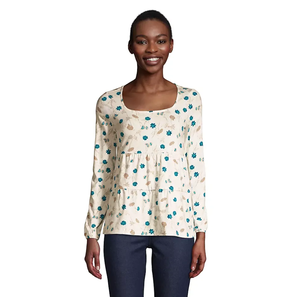 Women's Long Sleeve Light Weight Jersey Square Neck Tiered Top