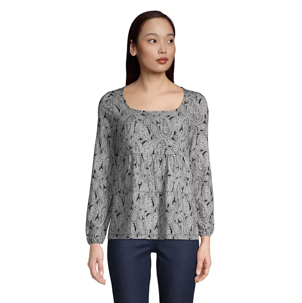 Women's Long Sleeve Light Weight Jersey Square Neck Tiered Top