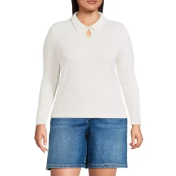 Women's Long Sleeve Pointelle Rib Keyhole Polo Top