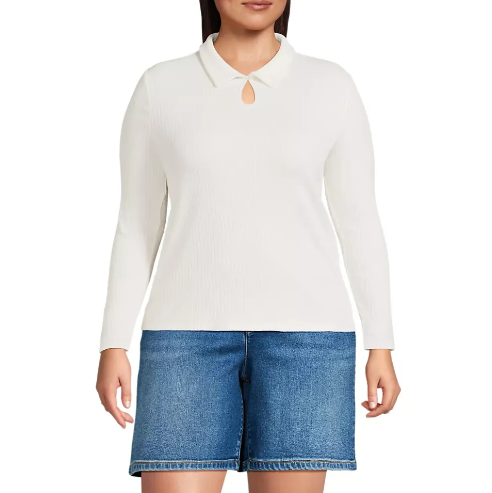Women's Long Sleeve Pointelle Rib Keyhole Polo Top