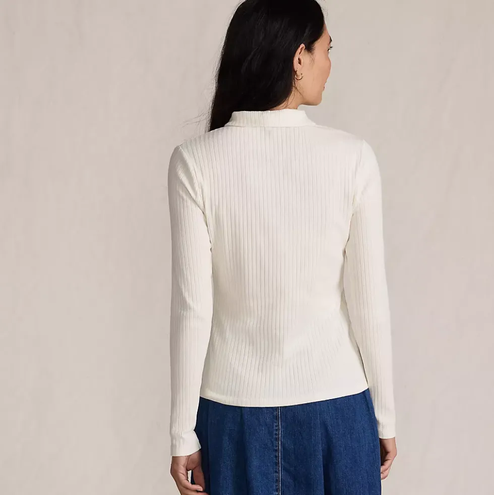 Women's Long Sleeve Pointelle Rib Keyhole Polo Top