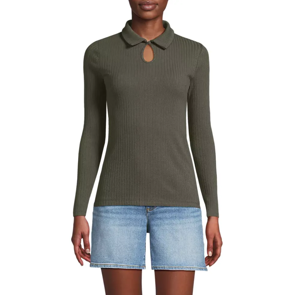 Women's Long Sleeve Pointelle Rib Keyhole Polo Top